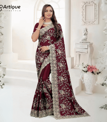 প্রিমিয়াম ইন্ডিয়ান ওয়েটলেস বিচিত্রা সিল্ক এমব্রয়ডারি করা শাড়ি