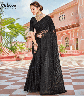 প্রিমিয়াম ইন্ডিয়ান ওয়েটলেস চিনিগুড়া এমব্রয়ডারি করা শাড়ি