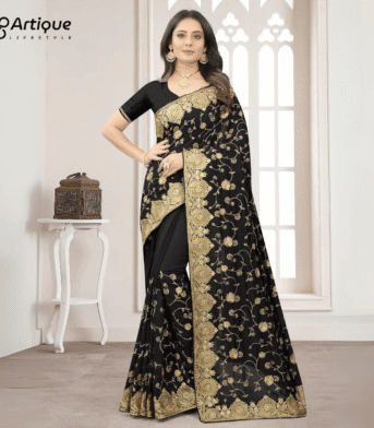 ইন্ডিয়ান বিচিত্রা সিল্ক গোল্ডেন জারি ওয়ার্ক এমব্রয়ডারি করা শাড়ি