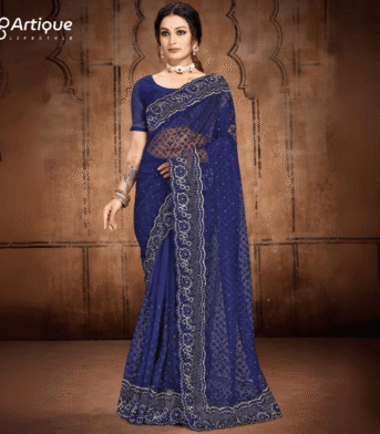 নেভি ব্লু ফেস্টিভ্যাল অর্গানজা ফ্যাব্রিক এমব্রয়ডারি করা পার্টি শাড়ি