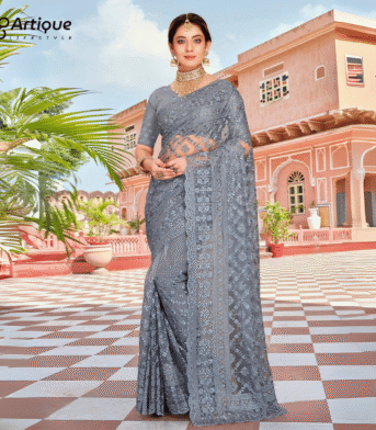 প্রিমিয়াম অর্গানজা ফ্যাব্রিক এমব্রয়ডারি করা পার্টি শাড়ি