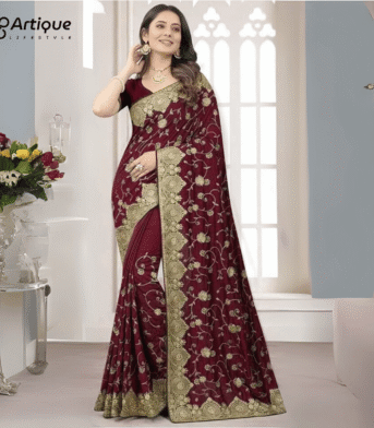 ইন্ডিয়ান বিচিত্রা সিল্ক গোল্ডেন জারি ওয়ার্ক এমব্রয়ডারি করা শাড়ি