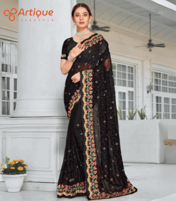 এক্সক্লুসিভ ইন্ডিয়ান ওয়েটলেস জর্জেট এমব্রয়ডারি করা শাড়ি