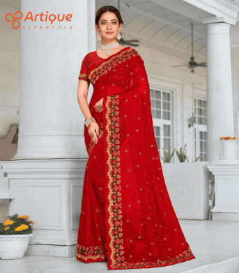 এক্সক্লুসিভ ইন্ডিয়ান ওয়েটলেস জর্জেট এমব্রয়ডারি করা শাড়ি