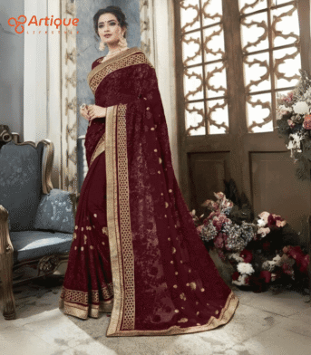 ওয়াইন এমব্রয়ডারি করা জর্জেটের পার্টির শাড়ি