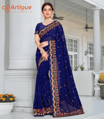 এক্সক্লুসিভ ইন্ডিয়ান ওয়েটলেস চিনিগুড়া এমব্রয়ডারি করা শাড়ি