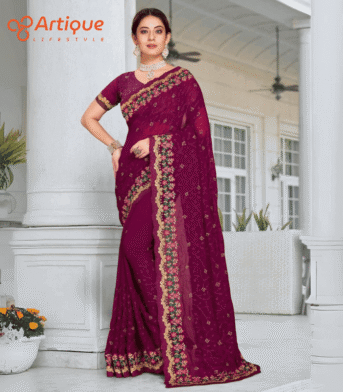 এক্সক্লুসিভ ইন্ডিয়ান ওয়েটলেস চিনিগুড়া এমব্রয়ডারি করা শাড়ি